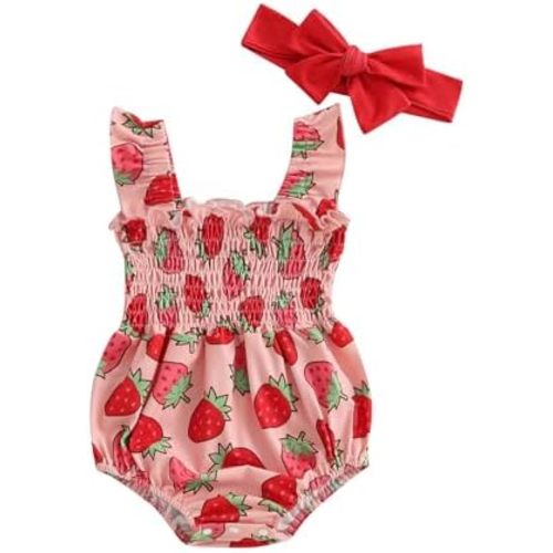 Infant Newborn Baby Girl Summer Outfit One Piece Smocked Romper Ruffle Sleeve Plaid Playsuit Headband 3 6 9 12 18M