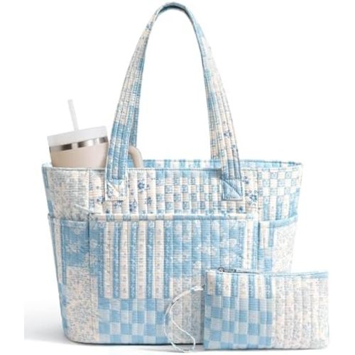 Bagstellar Puffer Tote Bag for Women, Quilted Cotton Laptop Work Tote Shoulder Bag for College School, Teacher, Nurse, Travel