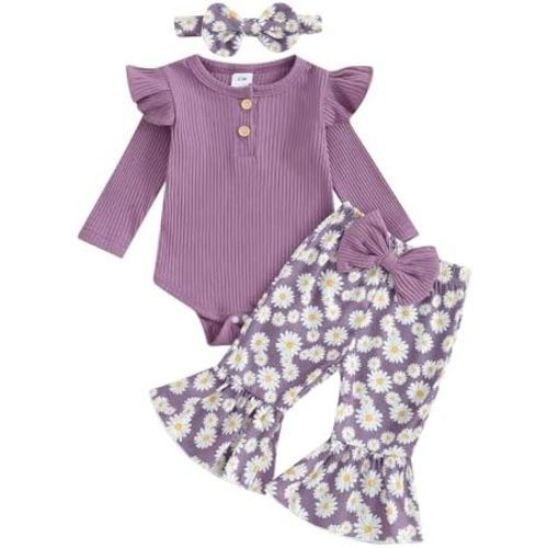 fhutpw Newborn Baby Girl Clothes Rib Frill Long Sleeve Romper Daisy Flared Pants Headband Set 3pcs Fall Winter Outfits
