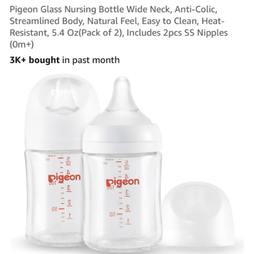 Pigeon Glass Nursing Bottle Wide Neck, Anti-Colic, Streamlined Body, Natural Feel, Easy to Clean, Heat-Resistant, 5.4 Oz(Pack of 2), Includes 2pcs SS Nipples (0m+)