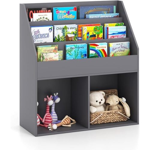 GLACER Kids Bookshelf, 3-Tier Wooden Sling Bookshelf for Kids w/Book Rack & 2 Storage Bins, Toy Storage for Kids Room, Nursery, Playroom, Classroom, Living Room, Toy Storage Organizer (Gray)