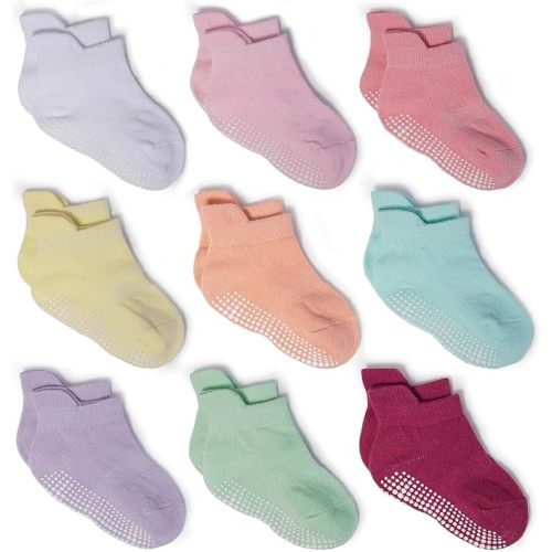 Zaples Baby Non Slip Grip Ankle Socks with Non Skid Soles for Infants Toddlers Kids Boys Girls - 0-6 Months - Polychrome - 9 Pairs