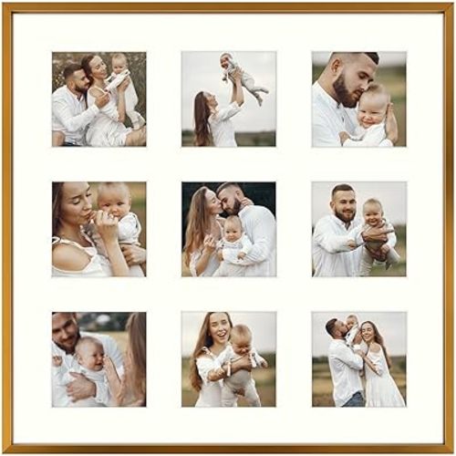 Golden State Art, 4x4 Aluminum Collage Frame, Displays 4 x 4 Pictures With 9 Openings Mat or One 16x16 Photo, Real Glass, Wall Display, Bronze, 1 Pack