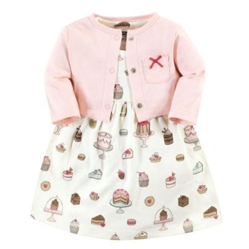 Hudson Baby Infant Girl Cotton Dress and Cardigan Set, Sweet Bakery, 3-6 Months