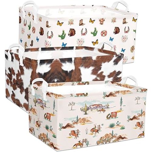 Western Rectangular Storage Basket, Highland Cow Cute Storage Bins Box with Handles, Cowskin Printed Shelf Basket Ideal for Kids Room Decor, Books, Organizing Clothes, Toys (Cute cow)