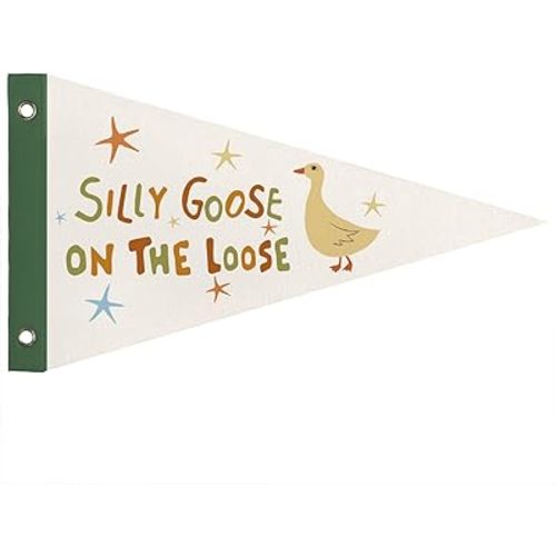 WXHUM Silly Goose On the Loose Felt Pennant Banner Flags, Vintage Green Playroom Wall Art Decor, Silly Goose Baby Shower Decorations for Toddler Kids Room Playroom Nursery, 8x14 Inch