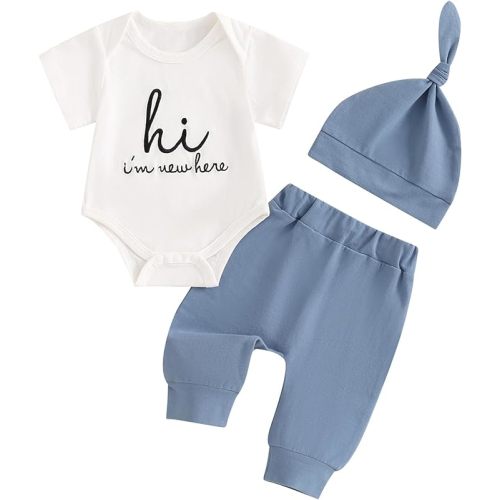 Twopumpkin Newborn Baby Boy Girl Clothes Outfits Short Sleeve Romper Bodysuit Cotton Pants and Hat Coming Home Outfit