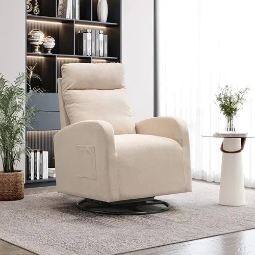 KINFFICT Modern Swivel Glider Chair, Upholstered Accent Glider Rocker for Baby Nursery, Comfy Tall Back Rocking Armchair with Side Pocket and Headrest for Living Room, Bedroom, Beige
