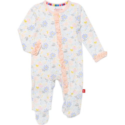 Baby Darby Print Ruffle Long Sleeve Footie, 0-3M, White