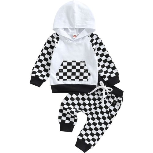 AEEMCEM Toddler Baby Boy Girl Fall Winter Clothes Checkerboard Plaid Hoodie Sweatshirt Tops Elastic Waist Pants Set - B Black - 6-12 Months