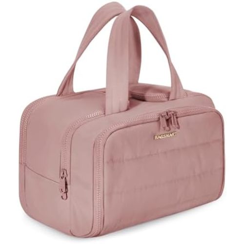 BAGSMART Travel Toiletry Bag, Lightweight Large Wide-open Travel Bag for Women, Puffy Cosmetic Makeup Bag Organizer with Handle for Accessories,Essentials, Toiletries, Dark Pink