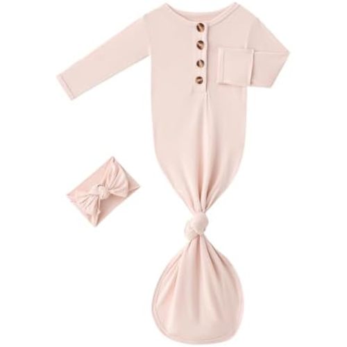 Newborn Baby Boys Girls Knotted Gown Headband/Hat Set Clothes Bamboo Viscose Soft Sleeper Sleep Gown with Mittens
