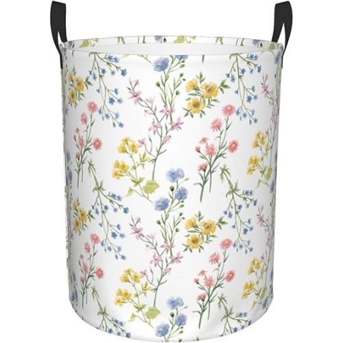 Watercolor Flowers Leaves Laundry Basket Circular Laundry Hamper with Handles Waterproof Oxford Fabric Dirty Clothes Storage Bag Organizer Gift Storage Basket for Bedroom Bathroom Dorm Living Room