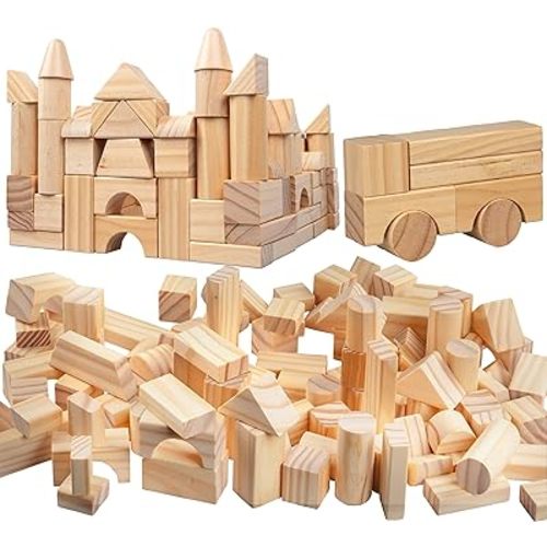 Wooden Blocks Set - 100 Pc Natural Colored Wood Building Block Toys- 100% Real Wood, 14 Different Shapes, Great Gift for Kids or School Project, Hands On Indoor Activity Play- Build, Stack and Create
