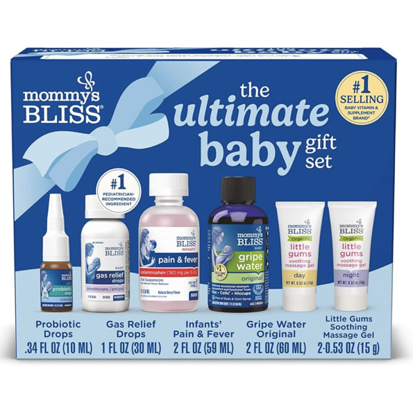 Mommy’s Bliss Ultimate Baby Gift Set | Gripe Water, Probiotic Drops, Pain & Fever Medicine, Gas Relief Drops, and Gum Massage Gel