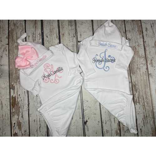 Newborn Baby Girl Monogrammed Gown Matching Hat with Bow Baby Girl Coming Home Outfit Newborn Photos Ruffle Gown Fancy Letter Monogram