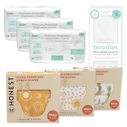 Honest Hybrid Cloth Diaper Cover + Super Boosties Disposable Inserts 96ct + Reusable Inserts, Small (8-15 lbs), Cotton Muslin Honest Covers Feature Pocket-Sling, Bonus Starter Kit