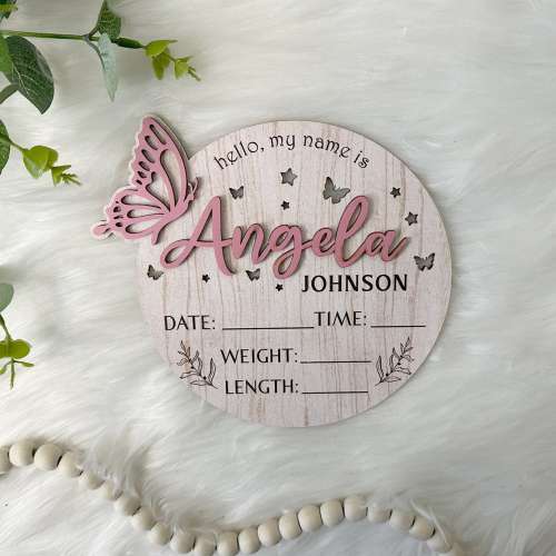 Personalized Baby Announcement Sign with Birth Stats, Birth Stat Sign With Butterfly, Name Reveal, Hello My Name Is Sign, Sign For Hospital