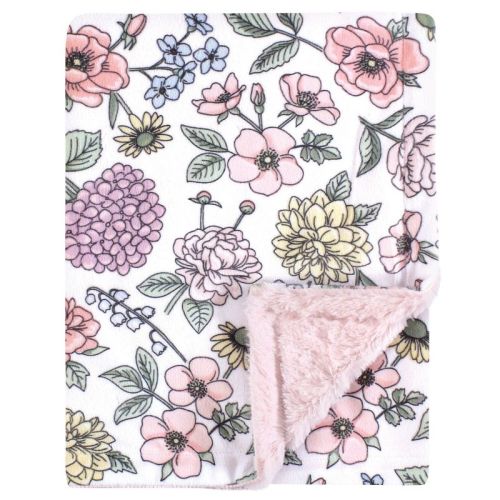 Hudson Baby Girls Plush Blanket With Furry Binding And Back, Vintage Blossom, One Size