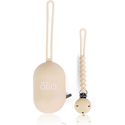 OLIO CO. 2 PCS Pacifier Clip Set with Baby Pacifier Holder Case – BPA Free - Newborn Essentials Set – Soft Silicone Paci Clip for Boys and Girls – Pacifier Accessories (Beige)