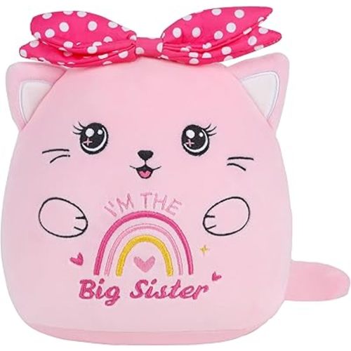 Big Sister Stuffed Animals: 9-Inch Cute I'm The Big Sister Cat Plush Toy, Pink Bow Rainbow Heart Cat Plushie Pillow, Gifts for Kids Girls Party Decor New Sibling Announcement