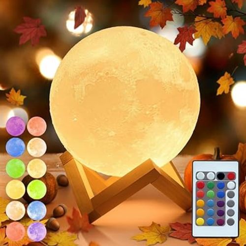 Mydethun Moon Lamp 16 Colors – 4.7' 3D Printed Lunar Light with 148 Modes, Wooden Stand, Remote & Touch Control – Retirement Gift for Women – Bedroom, Living Room, Fall Décor, Christmas