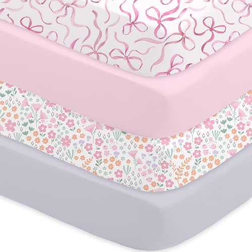 Bimocosy Crib Sheets 4 Pack, Baby Crib Sheets Fitted for Boys and Girls Breathable & Snug Fit, Soft Toddler Bed Sheets for Standard Crib Mattress Nursery Daycare Essentials, Bows