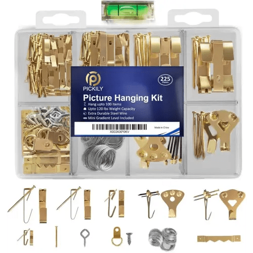 225 Piece Picture Hanging Kit Photo Hangers Includes Nails Wire, Screw Eyes Sawtooth Hook for Wall Art Mounting Mini-Gradient Level Heavy Duty Hardwire for Home Office Use Hanger Supplies