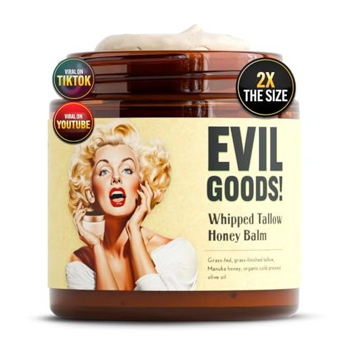 EVILGOODS Whipped Beef Tallow and Manuka Honey Balm, 4oz, Unscented, Grass Fed Grass Finished Organic Face Cream, Moisturizer, Body Lotion, Skin Care and Lip Balm