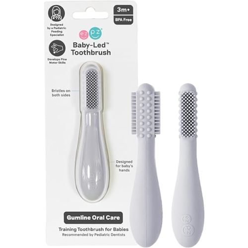 ezpz Baby-Led Toothbrush (3 Months + | Pewter) - 100% Silicone Infant Toothbrush with Sensory Bumps - Cleans Gums + New Teeth - Improves Hand to Mouth Coordination + Self-Feeding Skills