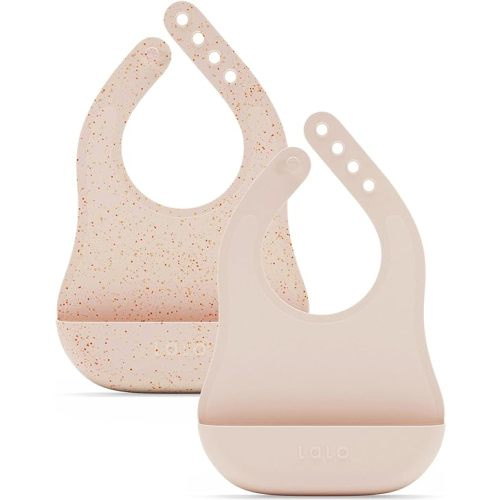 Lalo The Bib - Waterproof, Non-Toxic Silicone Baby Bib with Adjustable Neck Band & Silicone Food Pouch Catcher, Set of 2 - Grapefruit