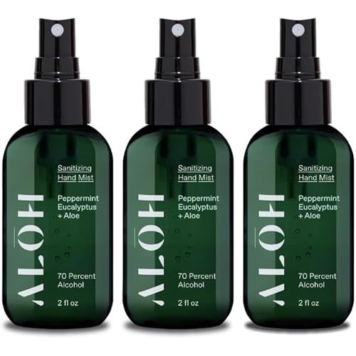 ALŌH Sanitizing Hand Mist 3-pack | Peppermint Eucalyptus + Aloe | 70% Alcohol Hydrating Hand Sanitizer Spray with Essential Oil, for Kids & Adults | 2oz Travel Size Bottle (Set of 3)