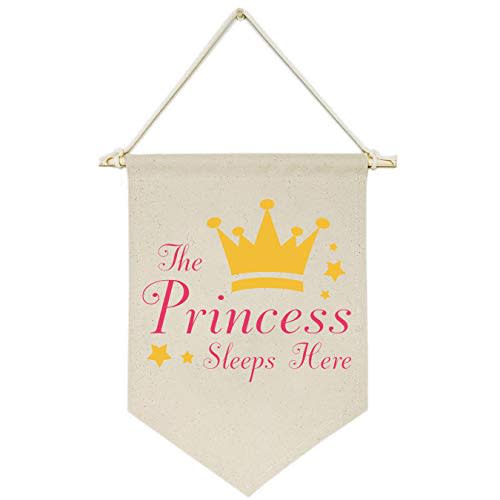 the Princess Sleeps Here -Canvas Hanging Flag Banner Wall Sign Decor Gift for Baby Kids Girl Nursery Teen Room Front Door - Crown,Stars