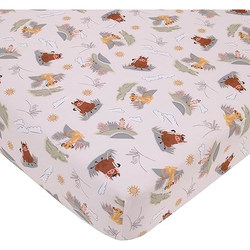 Disney Lion King Ivory, Sage, Gold, and Brown, Simba, Timon, and Pumba Super Soft Nursery Fitted Crib Sheet