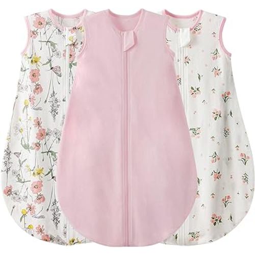 Duomiaomiao 3 Pack Baby Sleep Sack 100% Organic Cotton Lightweight Breathable Comfy Toddler Sleeping Sack (0.5tog Flowers, Small)