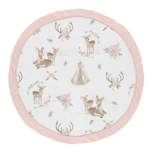 Sweet Jojo Designs Girl Baby Tummy Time Playmat Deer Floral Pink Taupe and Green