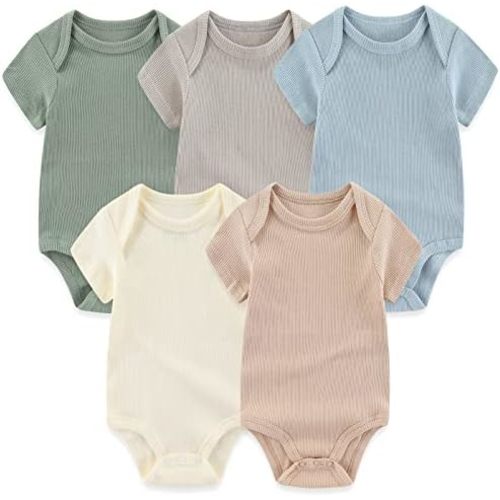 MAMIMAKA Newborn Baby Short Sleeve Bodysuit Cotton One-Piece Baby Clothes 5-Pack, 0-12 Months