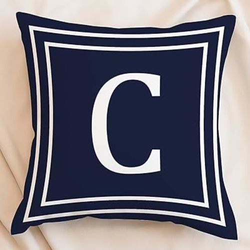 Geometric Pattern Initial Letter Decorative Throw Pillow Covers - Aesthetic Feminine Girls 26 Letters Velvet Cushion Case - Letter C Navy Blue Monogram Pillow Case for Bed Sofa Couch 18x18 Inch