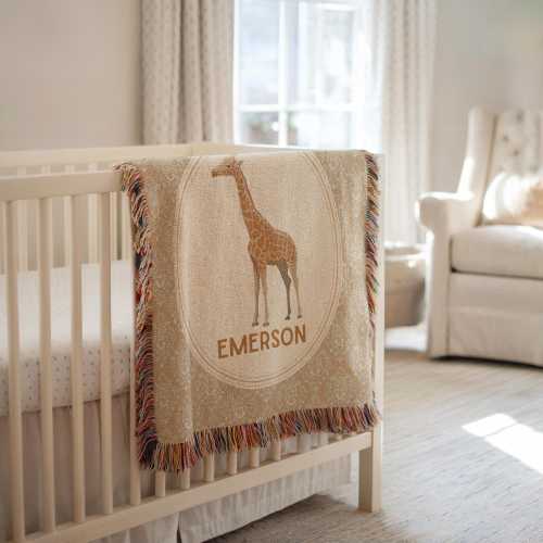 Personalized Vintage Giraffe Baby Blanket Custom Name Blanket Baby Shower Gift Giraffe Nursery Decor Safari Nursery Newborn Name Blanket
