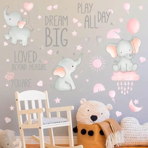 Outus 7 Pcs Dream Big Little One Elephant Nursery Wall Stickers Wall Decor Baby Room Moon Hot Air Balloon Pink Grey Stars Decals for Kids Living Room Bedroom Decorations Home Decor