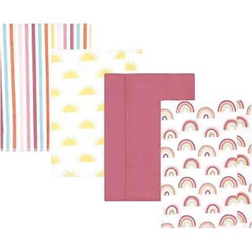 Hudson Baby Unisex Baby Cotton Flannel Burp Cloths 4-Pack, Sunshine and Rainbows, One Size