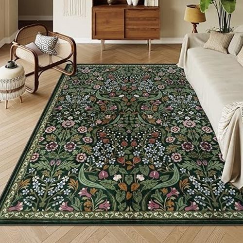 Moynesa Floral Washable 8x10 Rug, Large Rugs for Living Room, Green Soft 8 x 10 Boho Bedroom Rugs, Non Slip Botanical Ultra Thin Floor Carpet for Dining Room Nursery, Green
