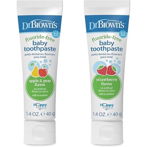 Dr. Brown's Fluoride-Free Baby Toothpaste, Infant and Toddler Oral Care, 1.4oz/40g, 0-3 Years, Strawberry/Apple Pear, 2-Pack