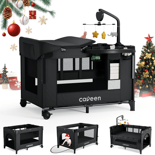 Baby Bassinet, Caveen 5 in 1 Baby Playard with Bassinet, Portable Bedside Sleeper Baby Crib, with Removable Changing Station & Storage Organizer, Black