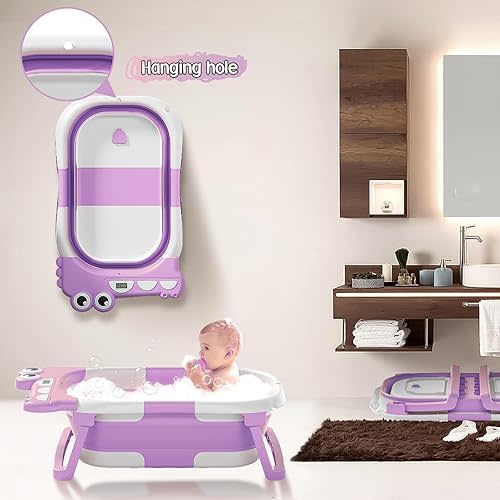 TPN Collapsible Baby Bathtub, Baby Bath Tub with Soft Cushion & Real-Time Thermometer, Baby Bathtub Infant to Toddler Tub (0-36 Months), Portable Newborn Travel Bath tub