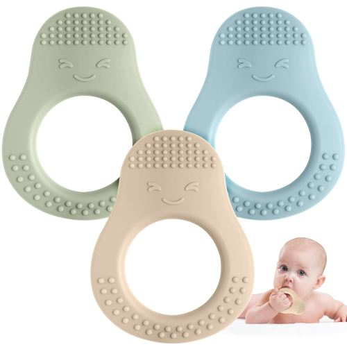 Baby Teething Toys - 3 Pack Teethers for 3-6 & 6-12 Months, Avocado Shape Silicone Teether with Easy to Hold, BPA Free