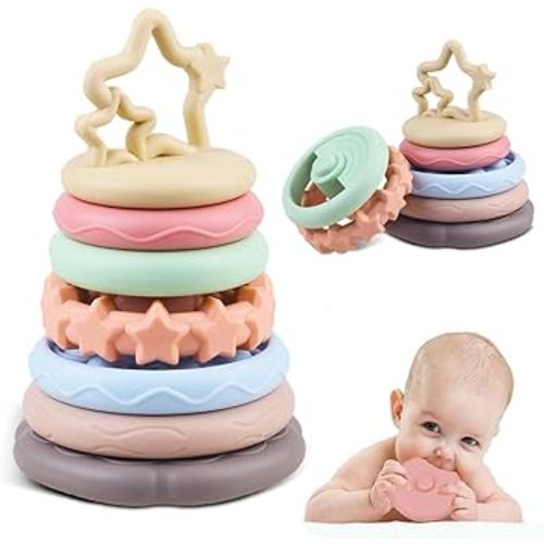 Baby Teething Toys- Infant Teether Stacking Building Blocks Rings -Toddler Montessori Sensory Travel Toys for 1 One Years Old Boys Girls-Easter Birthday Gifts for Babies 6 9 12 18 Months