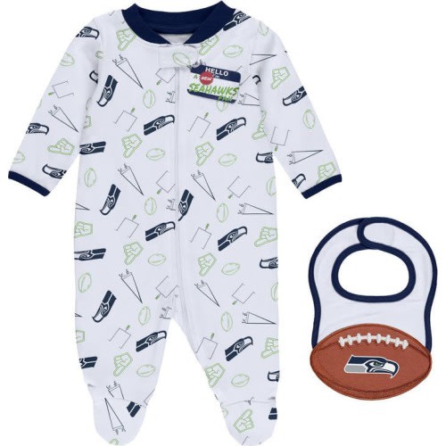 Baby Newborn & Infant WEAR by Erin Andrews White Seattle Seahawks Sleep & Play Full-Zip Sleeper & Bib Set, 0-3M, Navy