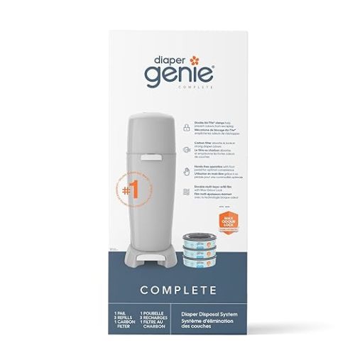 Diaper Genie Complete Diaper Pail (Grey) with Odor Control | Includes 1 Diaper Trash Can, 3 Refill Bags, 1 Carbon Filter, 4 Piece Set - Pail + 3 Refill