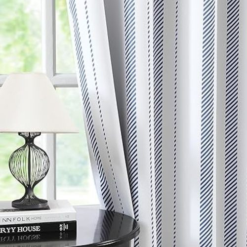 Lotusolution Full Blackout Navy Stripe Window Curtains 84 Inches Long Classical Stripe Print on White Fabric for Bedroom and Living Room,Grommet Top